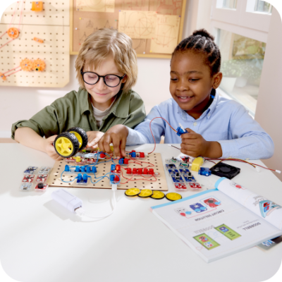 We invent <span class="purple">high-quality</span> educational products that give the power of <span class="red">creation</span> to children ages <span class="blue">8+</span>, while <span class="yellow">challenging</span> them to problem solve for real!